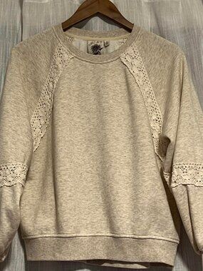 Relaxed Fit Sweatshirt Crochet Lace Detail Oatmeal/Heather Size M